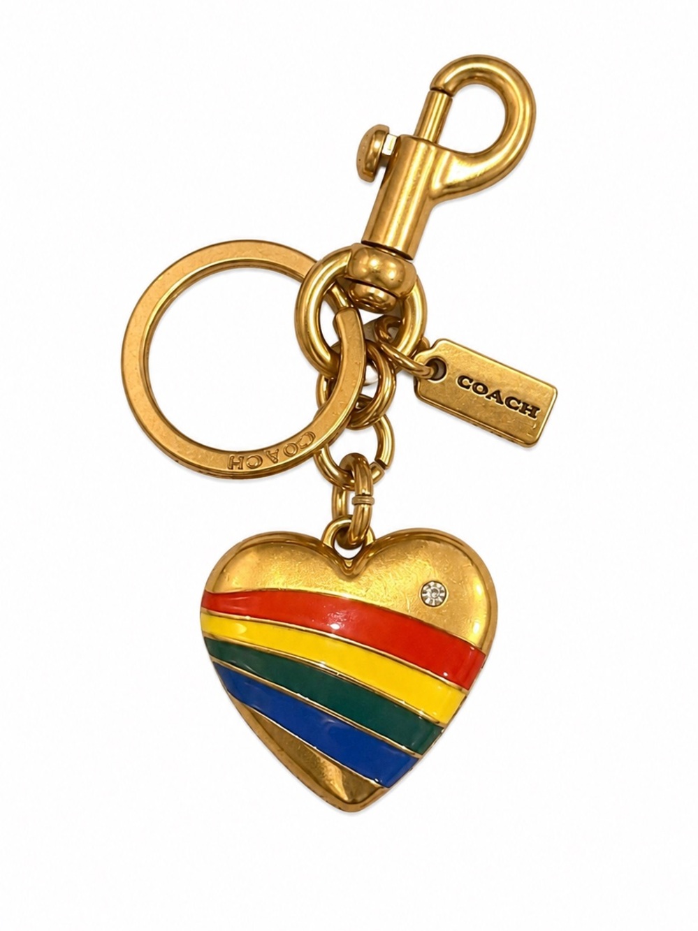 Coach Gold With Rainbow Heart Bag Charm Keychain Purse Charm Gold Tone Authentic